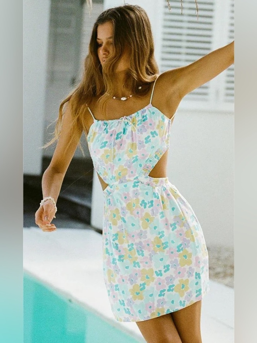 SABO Skirt Pastel Floral Cutout Mini Dress XS Tie Back Resort